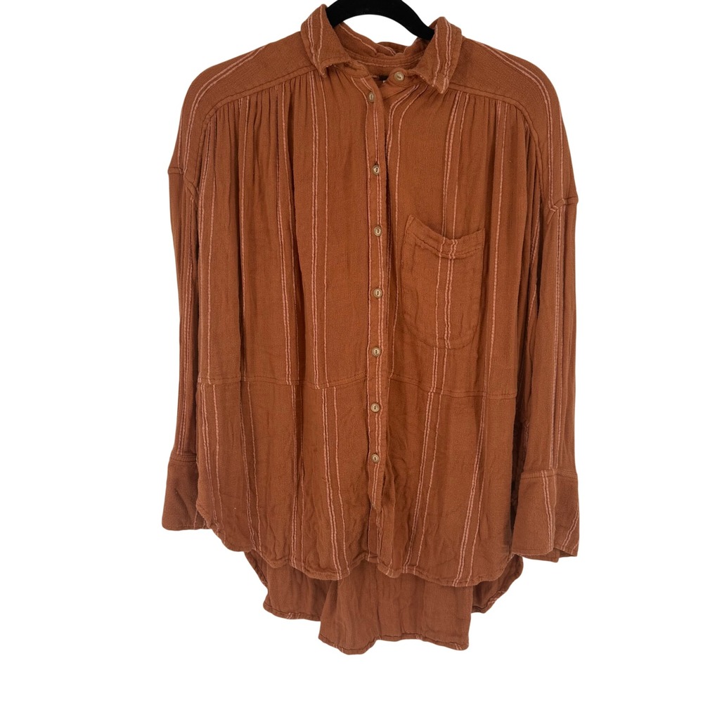 Free People Striped Gauze Button Down Women XS Terracotta Striped Oversized